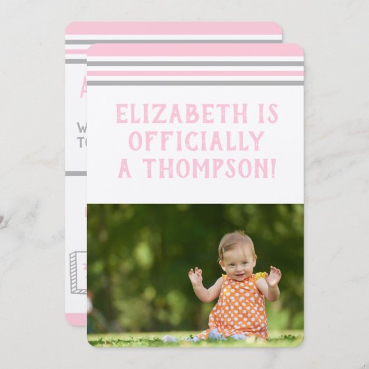 採用パーティーモダン：ピンク&グレーストライプの製品 招待状 (正面/裏面)