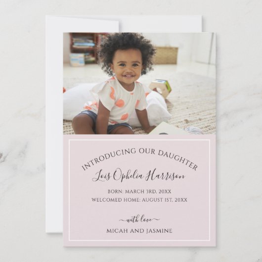 採用発表赤面ピンクと白ストライプ色 案内状 (正面)