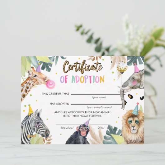 採用証明書サファリパーティー動物誕生日 招待状 (スタンド正面)