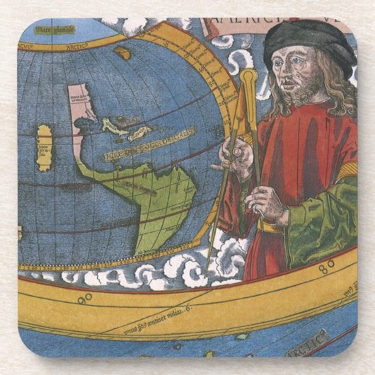 探検家アメリゴ・ヴェスプッチとのアメリカの地図 コースター (正面)