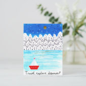 探検旅行で青白いアクリルボートを発見 ポストカード (スタンド正面)