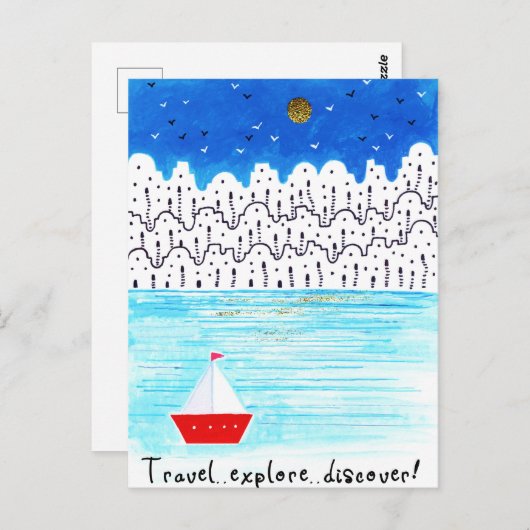 探検旅行で青白いアクリルボートを発見 ポストカード (正面/裏面)