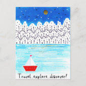 探検旅行で青白いアクリルボートを発見 ポストカード (正面)