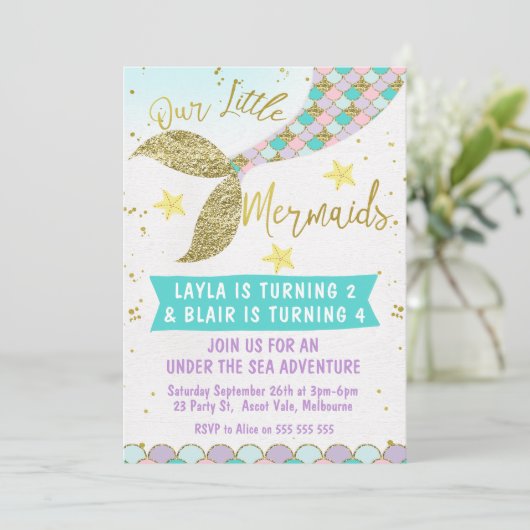 接合箇所または双生児の人魚の尾誕生日の招待 招待状 (スタンド正面)