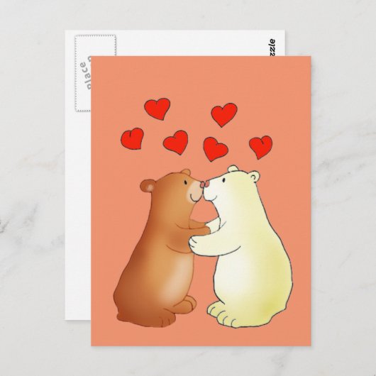 接吻している2頭のくまおよび愛ハート ポストカード (正面/裏面)