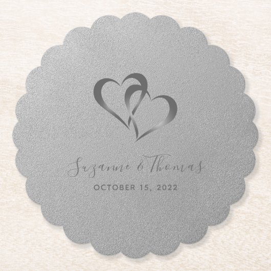 接続ハートシパーソナライズされたルバーグレー ペーパーコースター (正面)