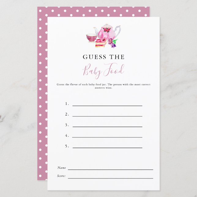 推測ベビーフードシャワーゲーム紅茶ほこりっぽいバラ (正面/裏面)