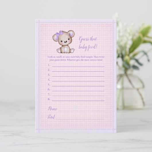 推測ベビー食べ物かわいい紫色のクマベビーゲームカード 招待状 (スタンド正面)