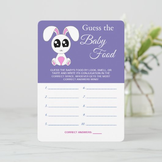 推測ベビー食品、赤ちゃんシャワー、ウサギのゲームカード 招待状 (スタンド正面)