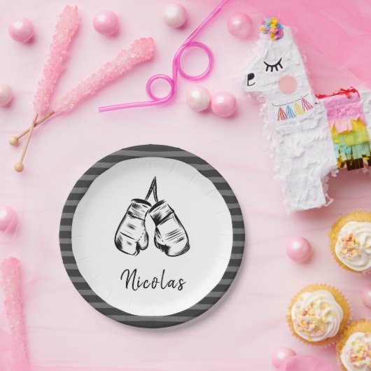 描ボクシング手袋デザインストライプのパーソナライズされた ペーパープレート (パーティー)