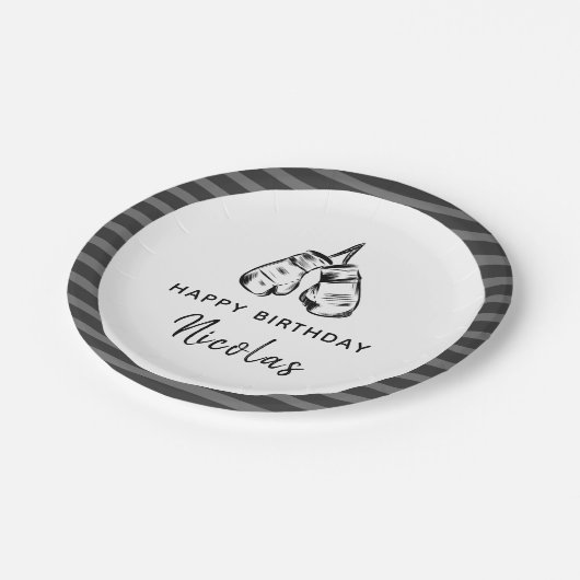 描ボクシング手袋デザインストライプの誕生日パーティー ペーパープレート (アングル)