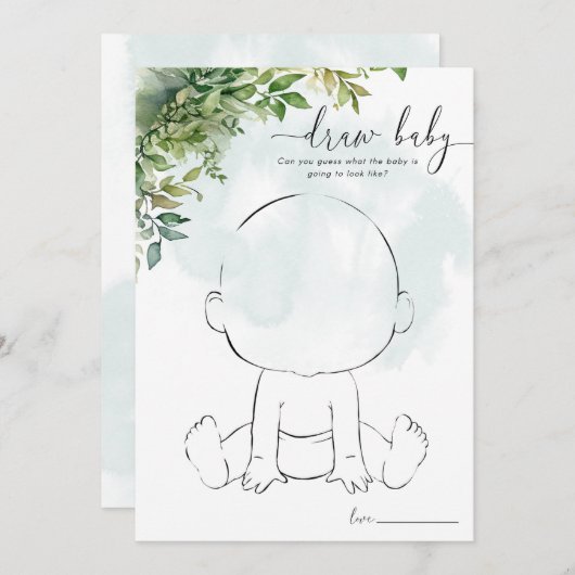 描画ベビー、ベビーシャワーゲーム緑のテーマ 招待状 (正面/裏面)