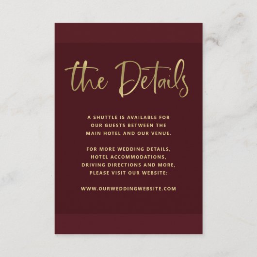 提案モダン|バーガンディ·金ゴールド結婚の詳細 エンクロージャーカード (正面)