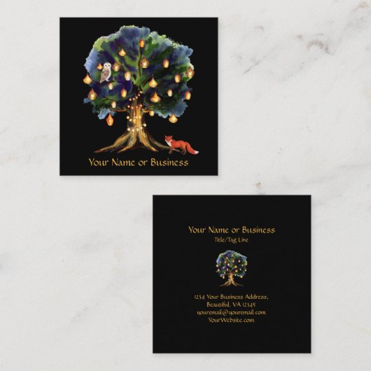 提灯付き魔法の木キツネフクロウ スクエア名刺 (正面/裏面)