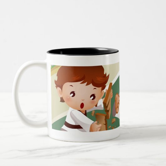 握っているそれを壊している別のものと木製空手の男の子 ツートーンマグカップ (左)