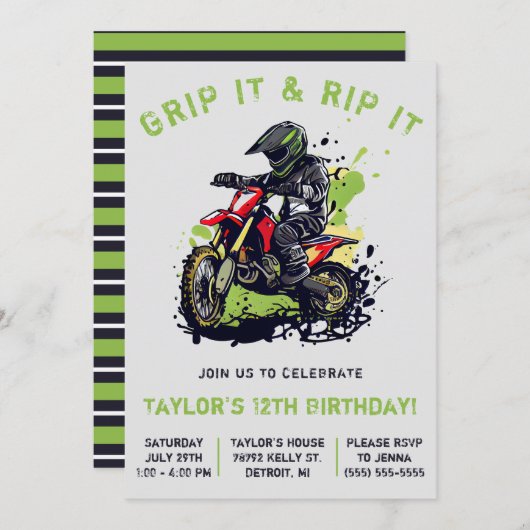 握って引き裂け！モトクロスダートバイク誕生日 招待状 (正面/裏面)
