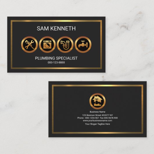 揺らめく明るい金ゴールドのボーダー鉛管工 名刺 (正面/裏面)