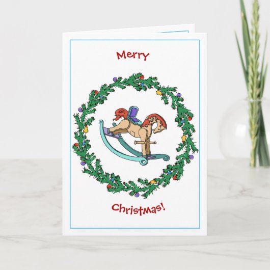 揺り木馬が付いているクリスマスのリース シーズンカード (正面)