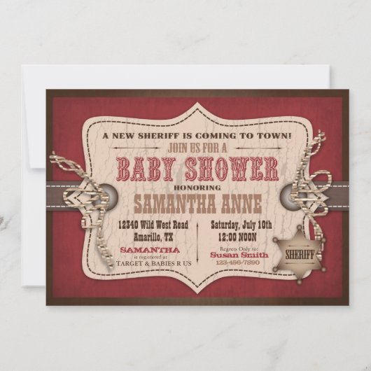 揺り木馬のカウボーイのベビーシャワーの納屋の赤 招待状 (裏面)