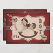 揺り木馬のカウボーイのベビーシャワーの納屋の赤 招待状 (正面/裏面)