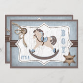 揺り木馬のカウボーイのベビーシャワーの青 招待状 (正面/裏面)