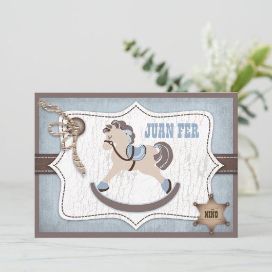 揺り木馬のカウボーイは青い感謝していしています サンキューカード (スタンド正面)