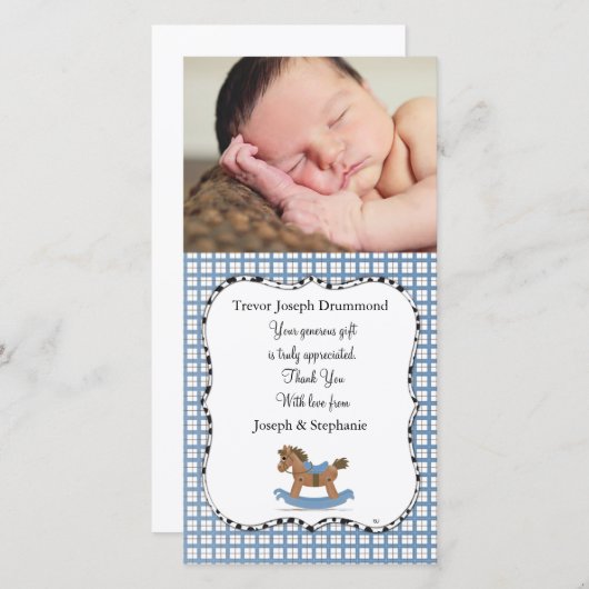 揺り木馬のベビーは写真カード感謝していしています サンキューカード (正面/裏面)