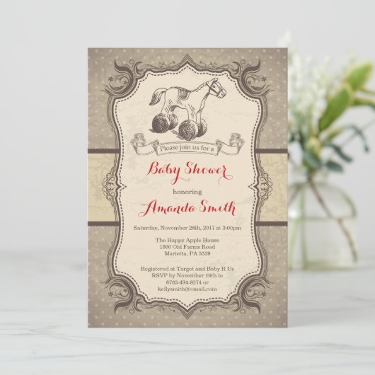 揺り木馬のベビーシャワーの招待状のヴィンテージのレトロ 招待状 (スタンド正面)