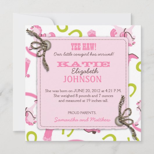 揺り木馬の女の子の発表の正方形 案内状 (裏面)