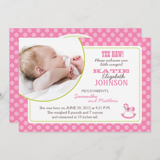 揺り木馬の女の子の発表カード 案内状 (正面/裏面)