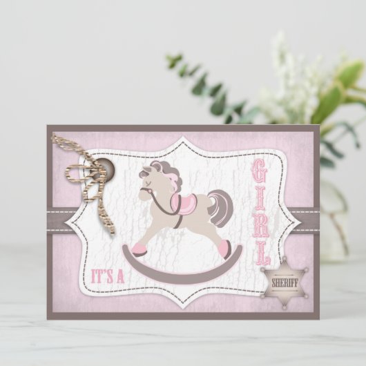 揺り木馬の女性のカーボーイのベビーシャワーのピンク 招待状 (スタンド正面)