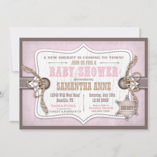 揺り木馬の女性のカーボーイのベビーシャワーのピンク 招待状 (裏面)