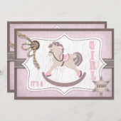 揺り木馬の女性のカーボーイのベビーシャワーのピンク 招待状 (正面/裏面)