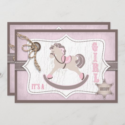 揺り木馬の女性のカーボーイのベビーシャワーのピンク 招待状 (正面/裏面)