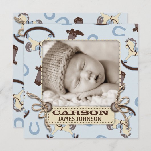 揺り木馬の男の子の発表の正方形 案内状 (正面/裏面)