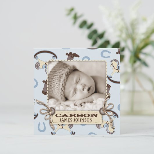 揺り木馬の男の子の発表の正方形 案内状 (スタンド正面)