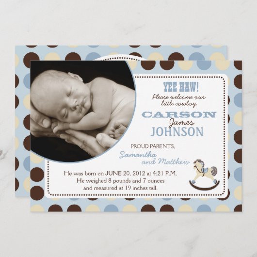 揺り木馬の男の子の発表カード 案内状 (正面/裏面)