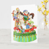 揺り木馬を造っているサンタの小妖精や小人 カード (黄色い花)