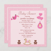 揺り木馬及びくまのピンクのベビーシャワー 招待状 (正面/裏面)