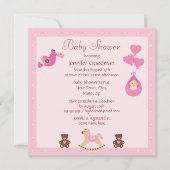 揺り木馬及びくまのピンクのベビーシャワー 招待状 (正面)