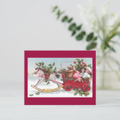 揺り木馬、テディおよびワゴンヴィンテージのクリスマス シーズンポストカード (スタンド正面)