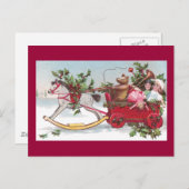 揺り木馬、テディおよびワゴンヴィンテージのクリスマス シーズンポストカード (正面/裏面)