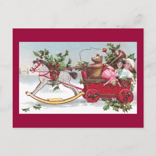 揺り木馬、テディおよびワゴンヴィンテージのクリスマス シーズンポストカード (正面)