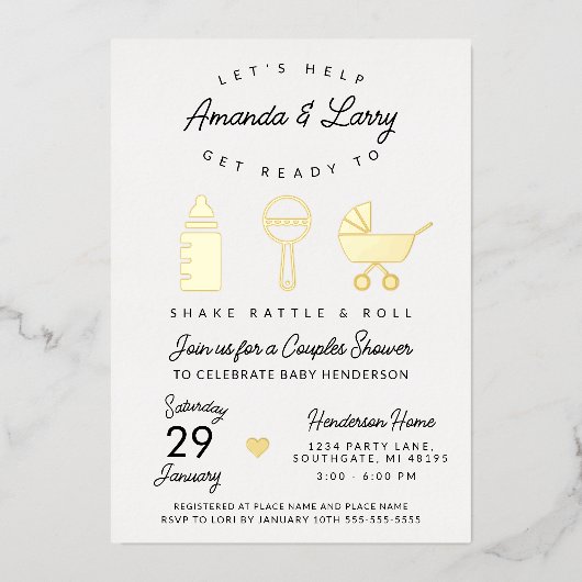 揺れガラガラと赤転がちゃんシャワー 箔招待状 (正面)