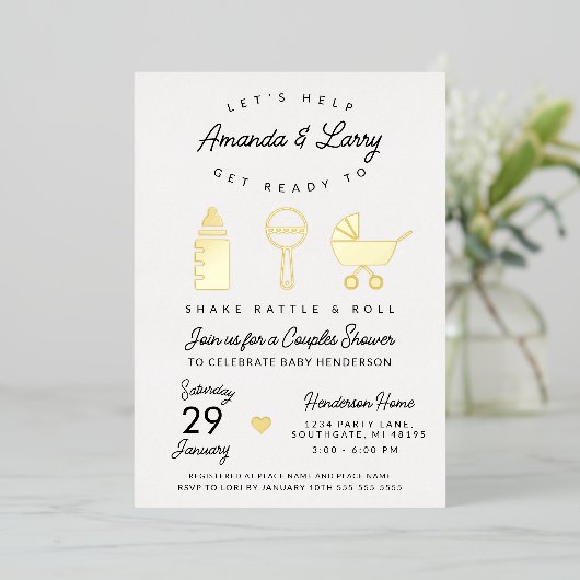 揺れガラガラと赤転がちゃんシャワー 箔招待状 (立ち正面)