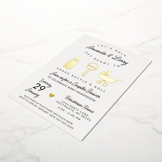 揺れガラガラと赤転がちゃんシャワー 箔招待状 (回転した状態)