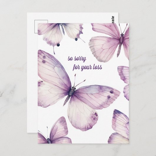 損失のために申し訳なく美しい紫色の蝶 ポストカード (正面/裏面)