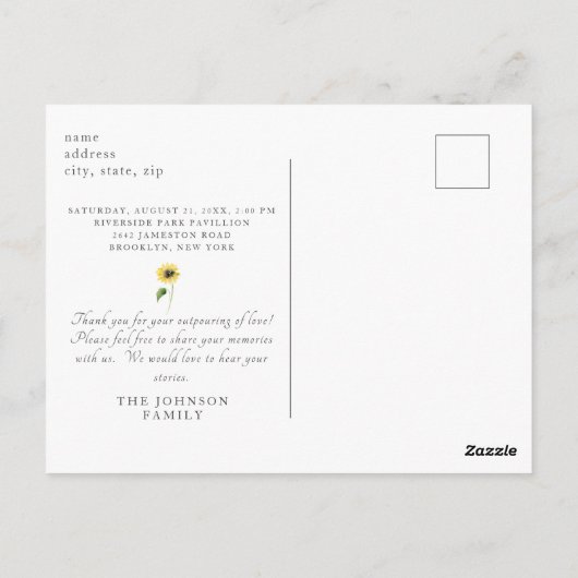 損失発生後の人生のひまわりお祝い ポストカード (裏面)