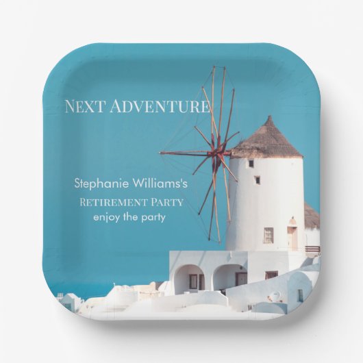 搬送先退職パーティーギリシャ語ホワイトブルー ペーパープレート (正面)