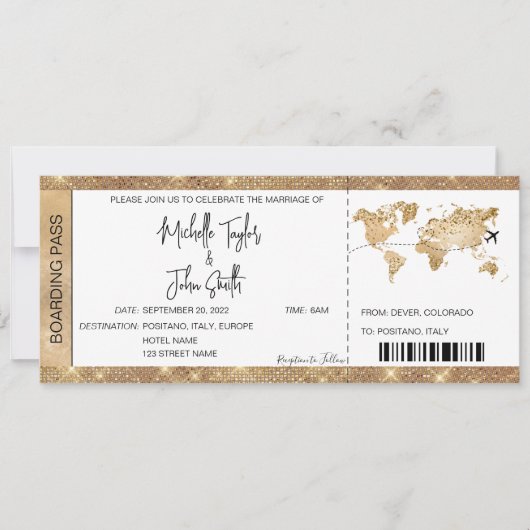 搭乗パスチケット先結婚式金ゴールドプラン 招待状 (正面)